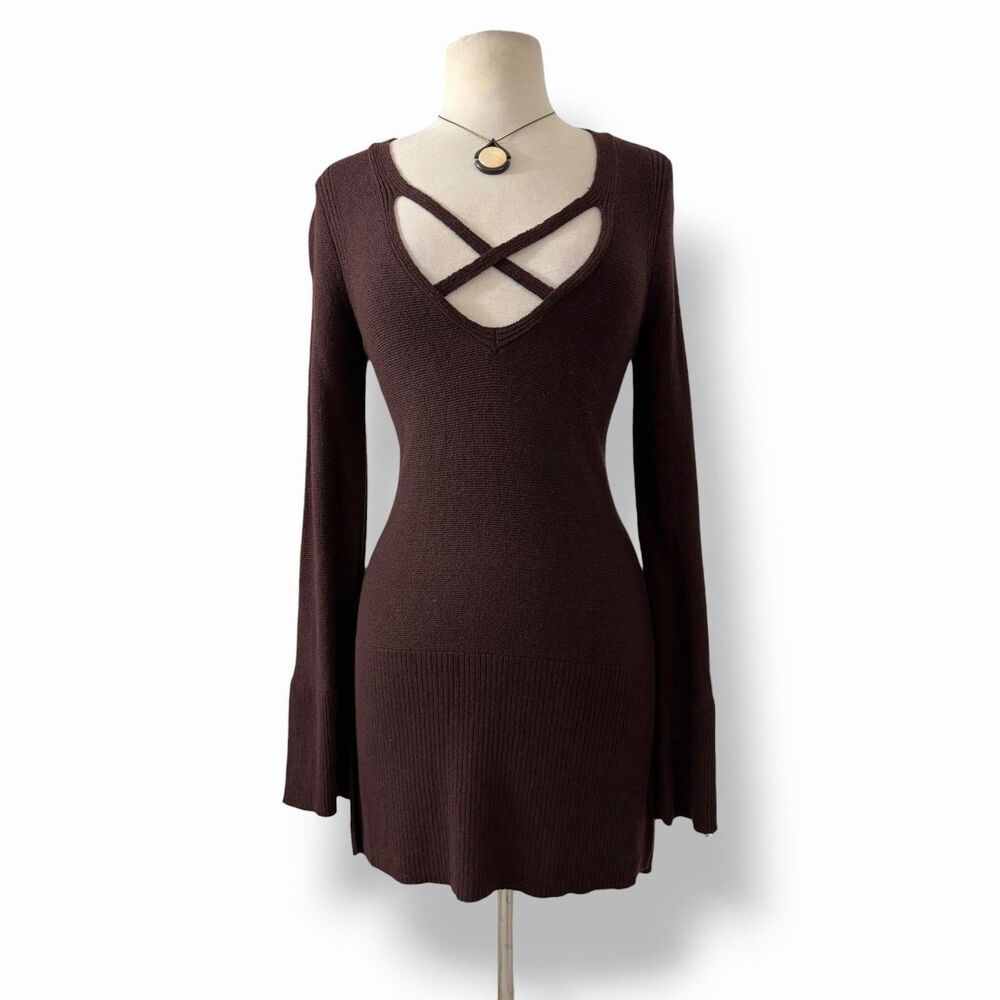 Free People Chocolate Brown Ribbed Cutout Crisscross Tunic Sweater Dress Small